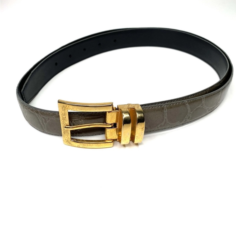 Vintage Gray/ Gold Men’s 49” Leather Animal Print Buckle Belt - Good Condition